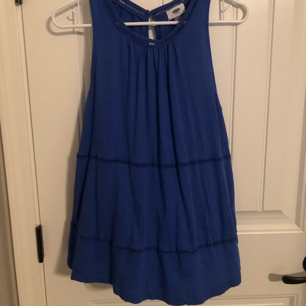Blue tank top with see through detail